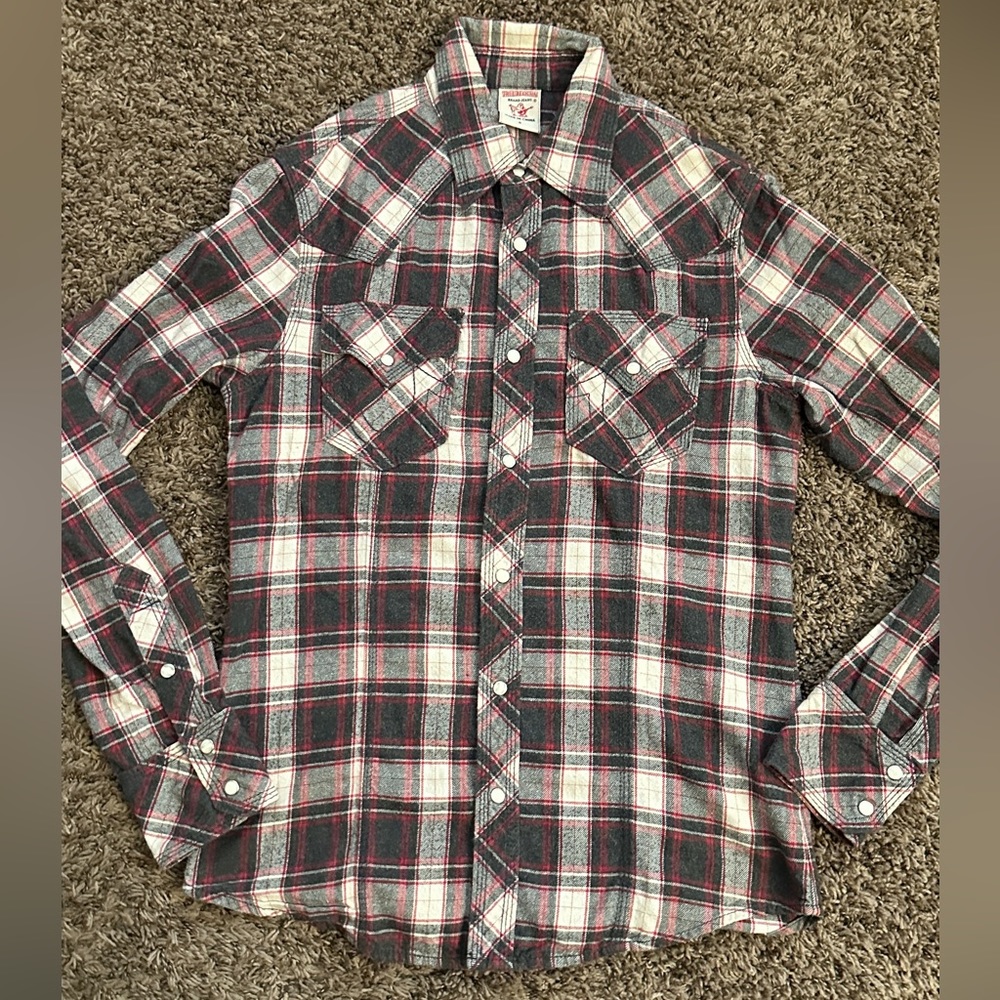 True Religion Flannel Shirt Men's Small Pearl Snap Western Plaid in Shasta color